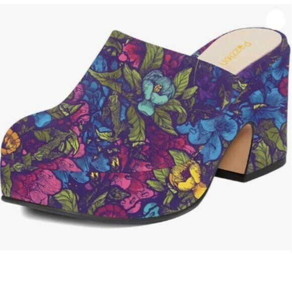Pazzion Women's Comfy Thick Platform Round Closed Toe Clogs Mules  Flowers Blue - Picture 1 of 8